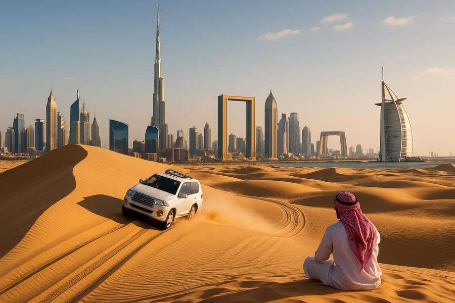 Dubai skyline with iconic landmarks and desert adventure